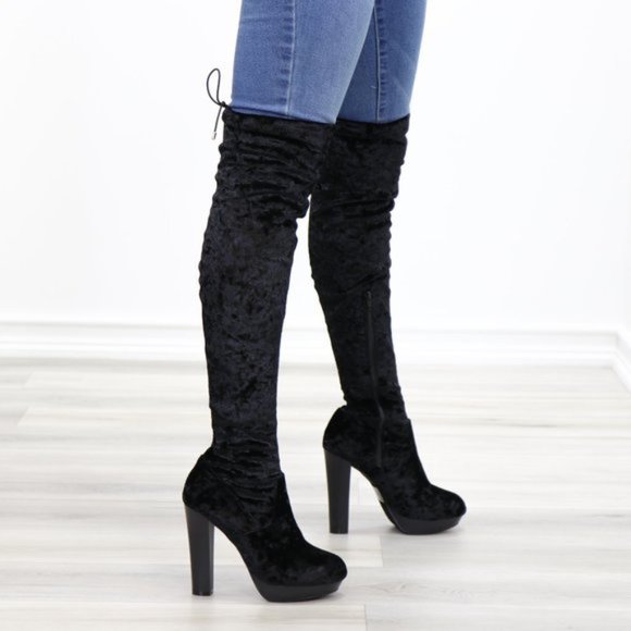Black Velvet Thigh High Heel Boots Back Tie - Picture 10 of 15